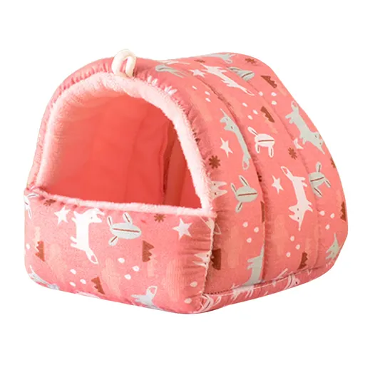 Cartoon Pattern Guinea Pig Cave House Bed, Rabbit Squirrel Chinchilla Hamster Hedgehog Nest Hideout, Small Animals Cage Warm Supplies, Machine Washable M Pink Fox