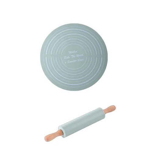 Mint Green Wooden Rolling Pin & Non-Stick Baking Mat Set - 13.38x13.38in Measured Dough Mat with 11.81in Rolling Pin for Pasta, Pizza & Pastry Making