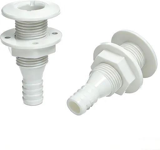 2 Pack Marine Through Hull Fittings, White Boat Drain and Hose Connectors for Water Tanks, Bilge Systems and Marine Plumbing, 1.6 cm
