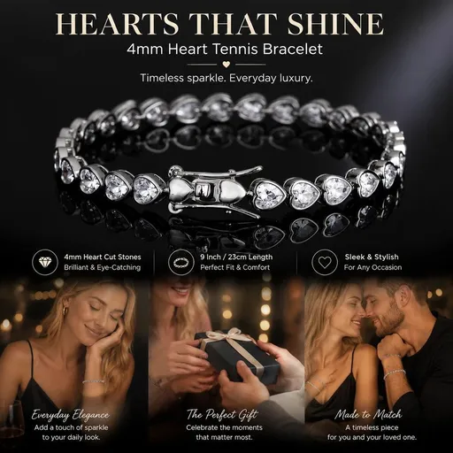4*4mm Heart Setting Tennis Chain Bracelet, Copper Cubic Zirconia Hip Hop Couple Accessory, Nice Festival Present, 9 Inch 23cm Silver Tone