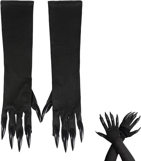 Halloween Claw Gloves 1 Pair, Witch Devil Wolf Vampire Paw Gloves with Long Nails for Cosplay Party Costume Accessories, Black Long Gloves