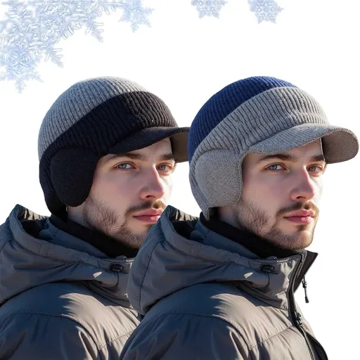 Windproof Thermal Cap with Visor, Winter Fleece Lined Knitted Earflap Hat Beanie for Men with Brim and Ear Covers, Cozy Cold Protection.