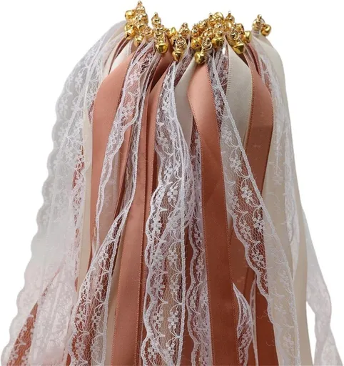 30 Pack Satin & Lace Ribbon Wands with Bells for Wedding Party Decor, 30cm