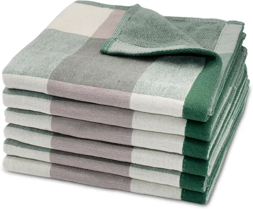 6 Pack 100% Cotton Washcloths, Dual-Sided Design (Terry + Gauze) Facecloths, 13x13 Inch Ginghqm Washrags, Soft & Skin-Friendly, for Bathroom, Kitchen & Hoehold (Green, 13x13 Inches)