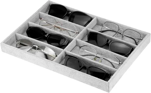 Velvet Sunglass Organizer Tray, 8 -Slot Glasses Display Organizer for Glasses, Jewelry, Grey
