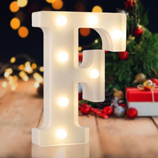 Sign letter F, warm white, 26 letters, 10 numbers, heart and & symbol; for birthday, party, Christmas, home, bar, wedding decoration; DIY word combinations; wall & tabletop display; battery operated.