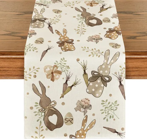 Bunny Rabbit Eucalyptus Eggs Carrots Easter Table Runner, Seasonal Spring Kitchen Dining Table Decoration for Home Party Decor 13x72 Inch