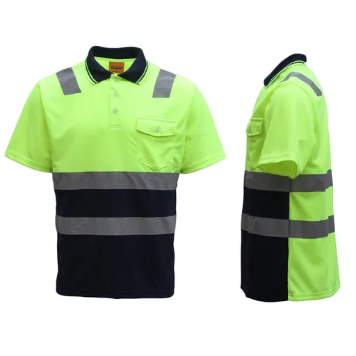 Hi-Vis Workwear Shirt Reflective Tape Cool Dry Polyester Fluoro Yellow Navy XS