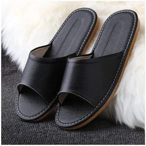 Black Leather Open Toe Slippers, Non Slip Indoor House Sandals for Men Women, EUR41-42
