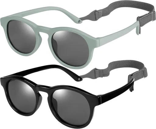 2 PCS Baby Toddler Sunglasses with Strap Kids Polarized Sun Glasses UV-400 Flexible Frame Unbreakable Sunglasses for Boys and Girls Age 0-3