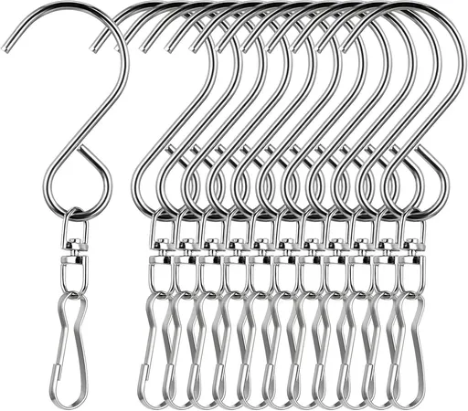 12 PCS Swivel Hanging Hooks Clips, 360 Degree Rotating Stainless Steel for Wind Chimes Bird Feeders Outdoor Ornaments, Silver