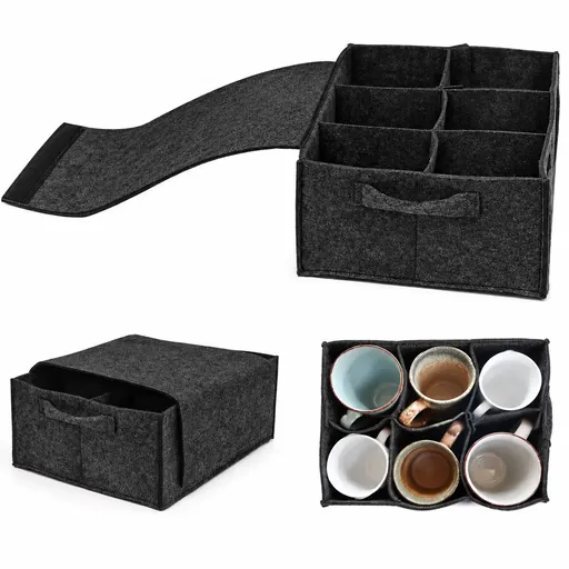 2 Pack Dark Grey Foldable Mug Storage Organizer (Holds 6 Mugs) - Felt Camping & Picnic Dinnerware Storage Box with Handle and Secure Closure