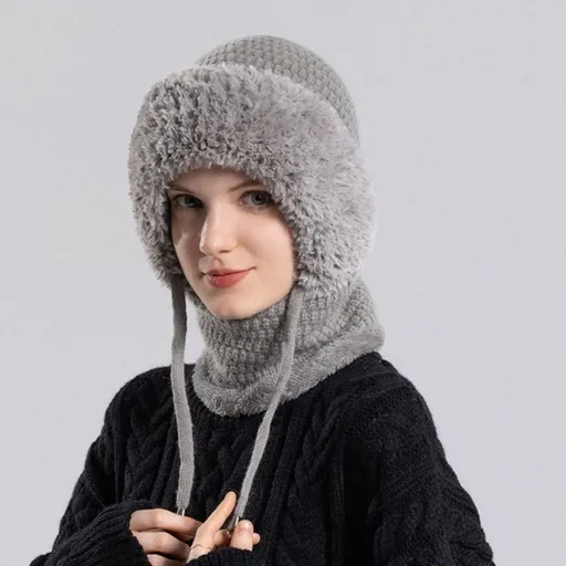 Fleece Ear Protection Integrated Knit Hat, Women's Windproof Balaclava Hat with Face Mask & Neck Warmer—Gray