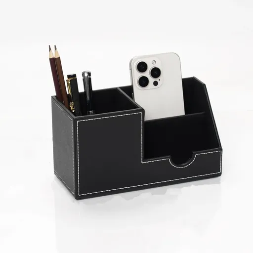 Desk Organizer Office Supplies Leather Multi-function Storage Box Pen/Pencil,Cell phone, Business Name Cards Remote Control Holder Black
