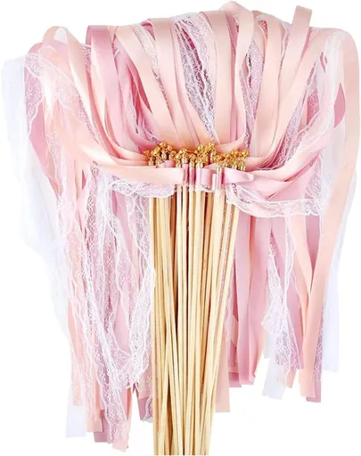 30 Pack Pink Satin & Lace Ribbon Wands for Wedding Party Decor, 30cm