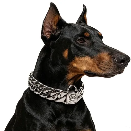 Premium Stainless Steel Cuban Link Dog Collar with Dog Head Buckle – Stylish, Durable, and Comfortable for Large Breeds, Perfect for Daily Walks and Fashion-Forward Pet Accessories (Silver, 32mm*35cm（14in）)