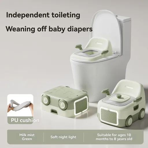 baby portable toilet, potty training, weaning off diapers, soft PU cushion, night-light, bathroom accessories, Australian market, toddler toilet seat - Misty Milk Green - Size Three