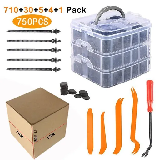 Boxed 710Pcs Heavy Duty Car Retainer Clips Kit with 4Pcs Fastener Removal Tools, 5Pcs Reusable Cable Ties and Metal Pliers – 16 Most Popular Sizes Push Pin Rivets Assortment for Automotive Bumper Fender Side Skirt