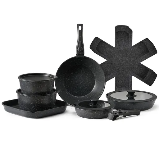 17 Piece Pots and Pans Set, Granite Nonstick Detachable Handle Cookware, Space Saving Induction Cookwares, Kitchen RV Cooking Sets with Frying, Sauce, Saute, Tempered Glass Lid, Oven Safe, Black