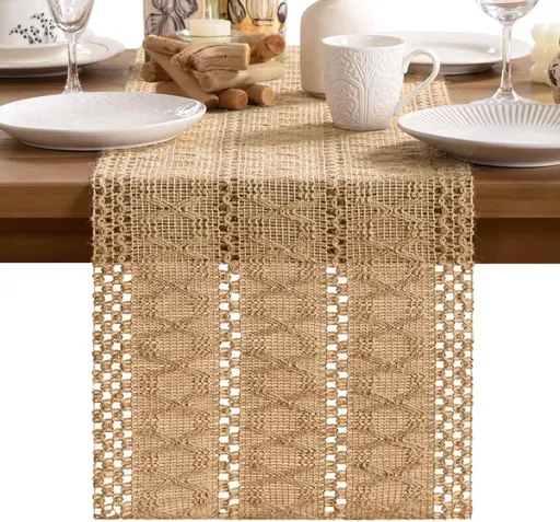 Boho Jute Table Runner, Rustic Farmhouse Style, Brown, 30 x 183 cm