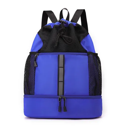 Sports Drawstring Backpack with Shoe Compartment Wet Pocket Reflective Stripe - Blue