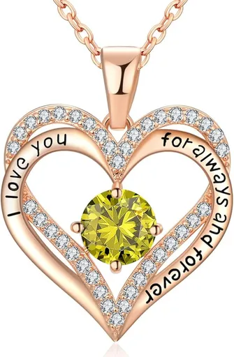 18K Rose Gold Necklaces for Women, 926 Sterling Silver Gifts for Mothers Day, Jewelry for Wife Mom Her Girlfriend, Birthstone Diamond Necklace for Birthday Anniversary, Heart Pendant Jewelry-AUG