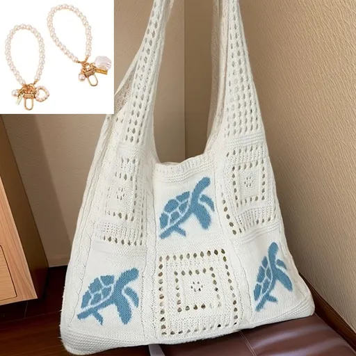 Bohemian Crochet Beach Tote Bag with Seashell & Heart Pearl Charm Keychains - Chic Summer Hollow Out Knit Shoulder Bag for Vacation and Shopping (Dark Blue Sea ​​Turtle)
