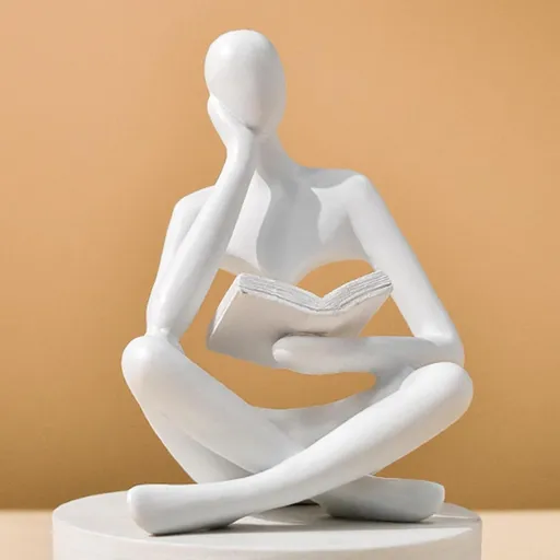 Abstract Reading Thinker Statue for Home Decor, Modern Resin Sculpture Figurine for Bookshelf, Desk & Living Room (White)