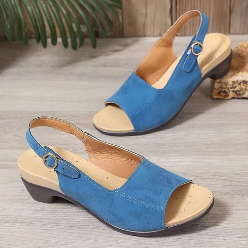 Women Chunky Heel Sandals Buckle Strap PU Rubber Light Blue 36