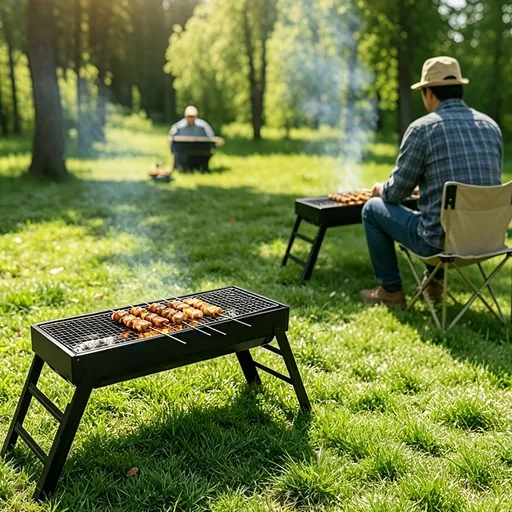 Portable foldable barbecue grill with adjustable height and built-in side rack - heavy-duty metal outdoor barbecue grill, suitable for backyard, camping, picnic - compact storage design with external barbecue cover, durable paint surface, suitable fo