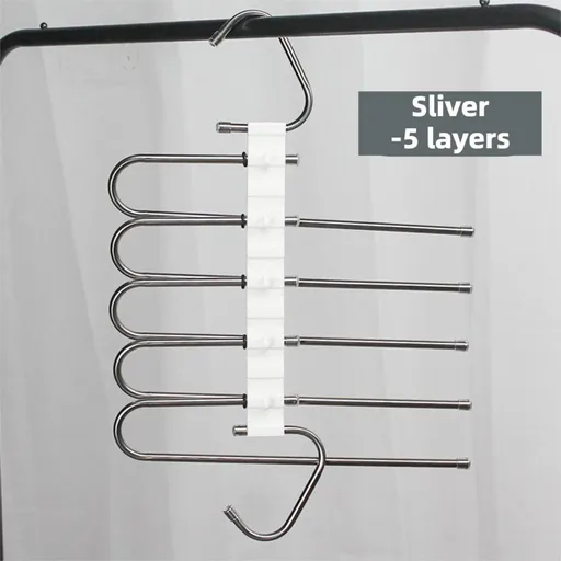 5-Layers Sliver Stainless Steel Pants Rack with Horizontal / Vertical Modes and Expandable Pull-Out Rods - High-Load Folding Magic Hanger