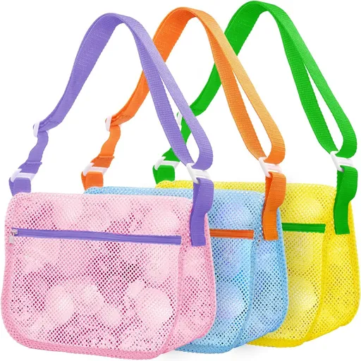 3 Pack Mesh Seashell Collecting Bags with Adjustable Straps, Lightweight Beach Storage Bags for Kids, Sand Toys and Shell Hunting, Multicolour
