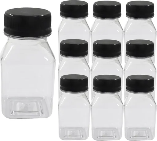 10 Pack 4oz Plastic Juice Bottles, Reusable Beverage Containers Clear with Black Lids, Versatile Drink Containers for Juice, Smoothies, Milk and Homemade Beverages, 120 mL