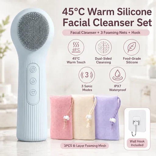 Blue 45°C Constant Heating Silicone Facial Cleansing Brush and 3pcs 8-Layer Fine Foaming Nets Set - Electric Sonic Face Scrubber with Dual-Sided Cleaning Surface & 3-Speed Vibration Massage, IPX7 Waterproof Skincare Absorption and Massage Device