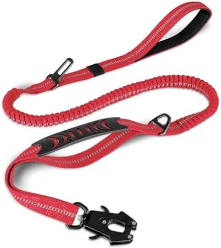 Bungee Dog Leash with Frog Snap Hook - Heavy Duty Elastic Training Lead for Medium Large Dogs - Shock Absorbing Anti-Pull Walking Leash - Red