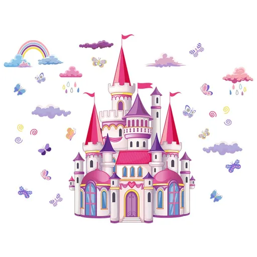 Cartoon Castle Wall Decal Colorful Rainbow Clouds Butterfly Wall Stickers Fantasy Removable Self-Adhesive