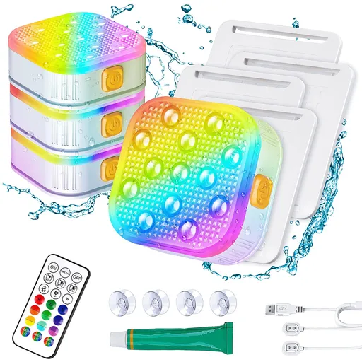 Rechargeable Submersible Pool Lights with Remote, IP68 Waterproof 16 Color Changing LED Lights with Glue, Suction Cups -4 Pack