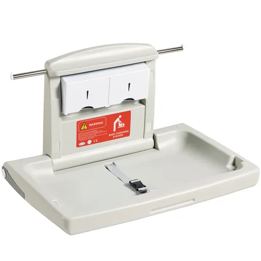 Wall-Mounted Baby Changing Station, Horizontal Foldable Diaper Change Table with Safety Straps and Hanging Rods, Use in Commercial Bathrooms, Daycare Centers for Newborns & Infant