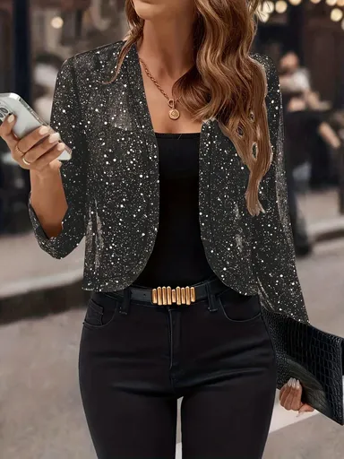 Sparkly Women'S Jacket Sheer Jacket Women'S Outerwear Fashion Jacket Glamorous - Black - Size XL