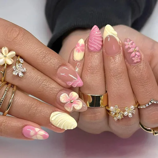 24pcsGlossy Press-On Nails with 3D Charms for Daily Wear, Events & Quick DIY Manicures (Pink)