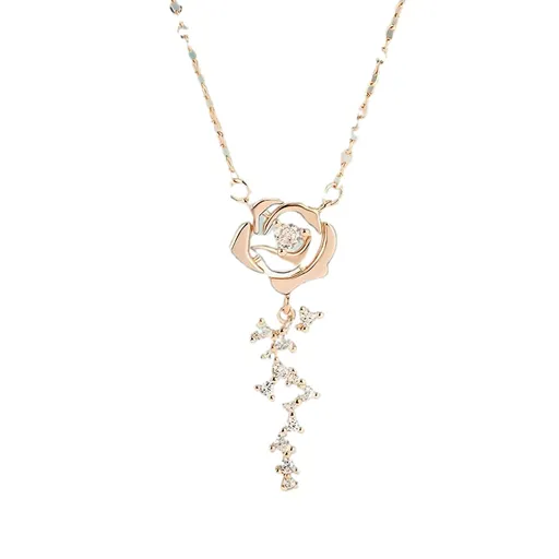 Rose Flower Pendant Necklace Clear Rhinestone Clavicle Chain Retro Design for Women