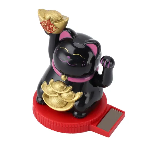 Solar Powered Lucky Cat Rotating Base Fortune Cat Statue for Car Dashboard Checkstand Desktop Decoration Black