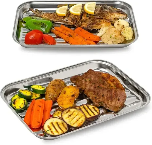 2 Pack Stainless Steel BBQ Grill Baskets, Perforated Grilling Trays for Vegetables and Meat on Charcoal, Gas and Electric Grills