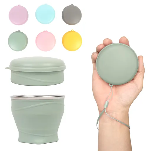 Collapsible Silicone Travel Cup with Lid and Carry Lanyard, Reusable for Hot and Cold Drinks, Camping and Daily Commuting, Green
