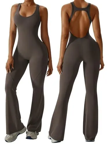 Sleeveless Open Back Flared Jumpsuit for Workout, Yoga, Casual Everyday & Occasions, XL (dark brown)