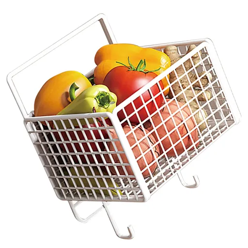 Kitchen Wall Basket Single Metal Large Capacity Space Saving Wall Mounted Storage Basket with Hook for Vegetable Seasonings White