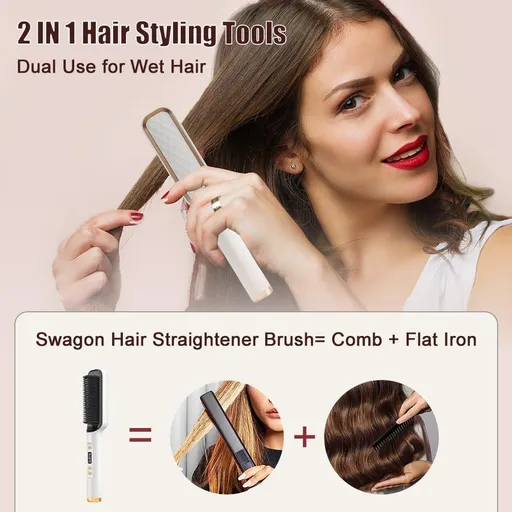 Anion Hair Straightener Brush,Negative Ion Hair Straightening Styling Comb,Hot Brush Ring Comb with LED Screen,Anti-Scald