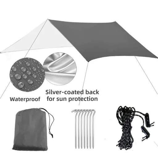 Grey 300 x 300cm Waterproof Camping Tarp Shelter Set - Silver Coated Sun Protection, Storage Bag, 6 Guy Ropes and 6 Ground Pegs for Camping, Beach & Outdoor Shade