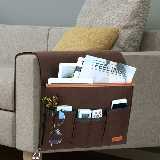Sofa Armrest Organizer, Storage Chair Bag with 5 Pockets, Chair Cover for Remote Control, iPad, Magazine, Glasses, Brown
