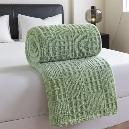 Green 150*200cm Thickened Double-Sided Plush Waffle Weave Throw Blanket - Anti-Static Taffeta Velvet & Flannel Fleece - Warm, Soft, Non-Shedding Blanket for Winter, Sofa, Bed & Office